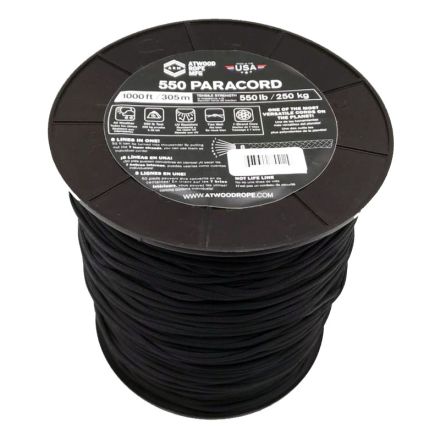 Paracord Spool w/1000ft Black 550 Paracord 7 Strand Core 