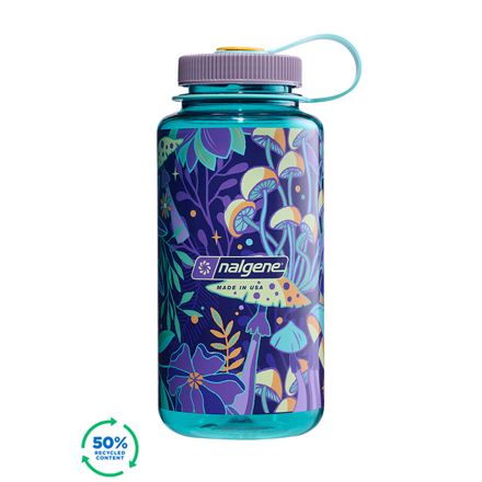 Nalgene Wide Mouth Sustain Water Bottle Blue w/Botanical Mushrooms 1L