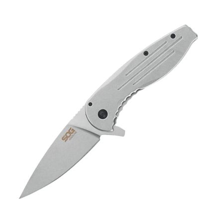 SOG Aegis FLK StoneWashed Stainless Steel Handle w/StoneWash Finish Blade