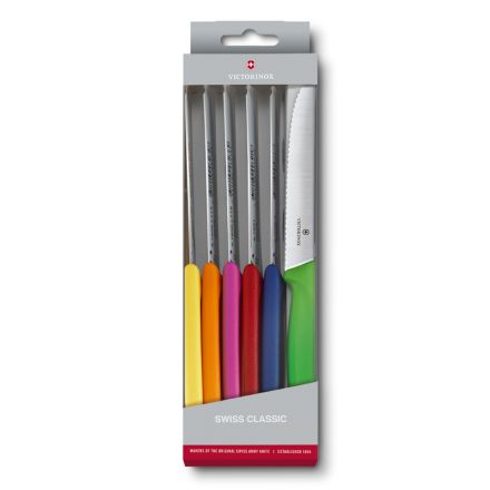 Victorinox Swiss Classic Tomato/Steak Knife Serrated Set of 6 Assorted Colours - Giftbox