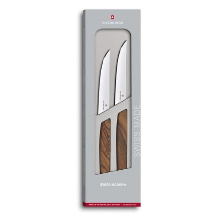 Victorinox Swiss Modern 2 Piece Plain Steak Knife Set Walnut Wood - 12cm Giftbox